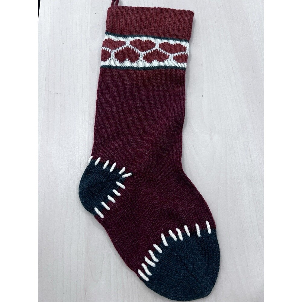 vintage Knit Wool Christmas Stocking Red Green Fair Isle Hearts Heel Toe Accent
